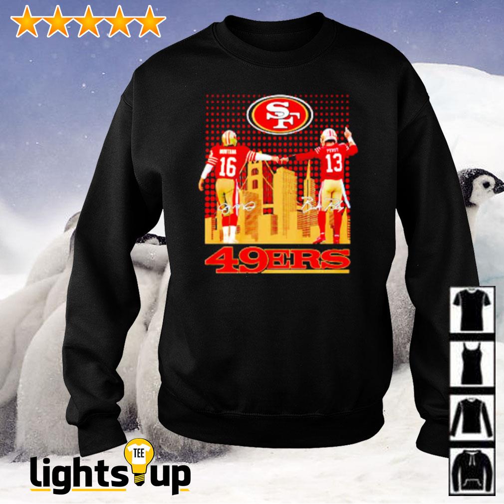 Joe Montana and Brock Purdy San Francisco 49ers city skyline signatures  shirt, hoodie, sweater, long sleeve and tank top